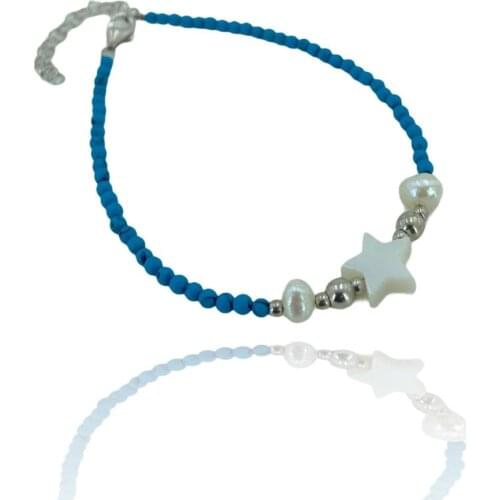 Turquoise Gemstone Pearl Star 925 Silver Bracelet