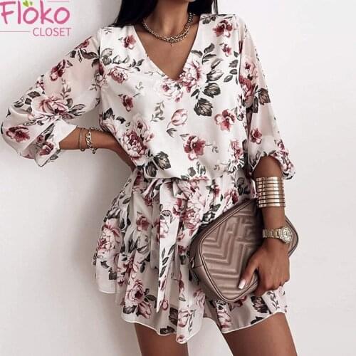 Flokocloset Women Chiffon V Neck Flower Print Dress Casual Long Sleeve Short Dress Female Boho Leisure A Line Party Vestidos