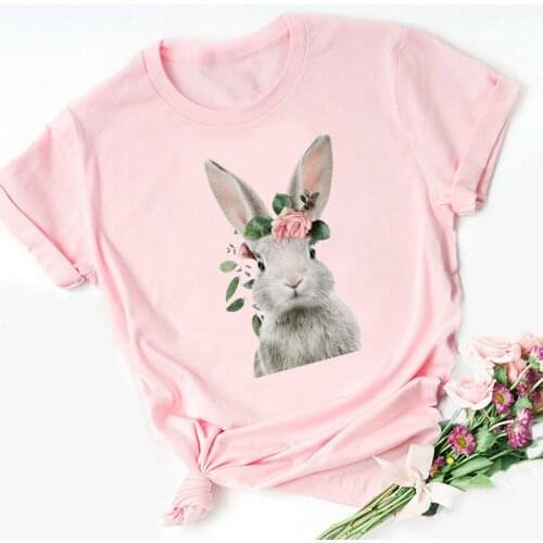 FIXSYS Summer Flower Rabbit/Fox/Teddy/Penguin/Alpaca/ Horse/Bear/Owl/Flamingo/Giraffe /Pig Animal Print Women Funny Pink T shirt