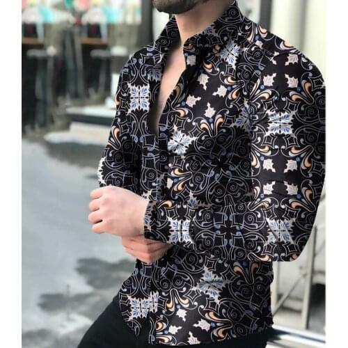 Summer Men Shirt Floral Print Long Sleeve Men Turndown Collar Buttons Shirt for Party Shirts Long Sleeve Shirt Men Blouse 2021