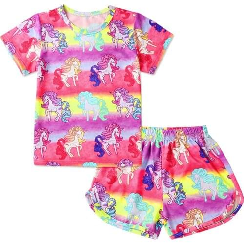 Summer Girl Clothing Set Children Cartoon Rainbow Unicorn T-shirt Tops And Shorts Suit Baby Girls Sports Clothes Sets For 2-6 Y
