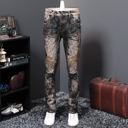 Fashion Mens Embroidery Wings Jeans Pencil Pants Stylish Big Size Trousers J51