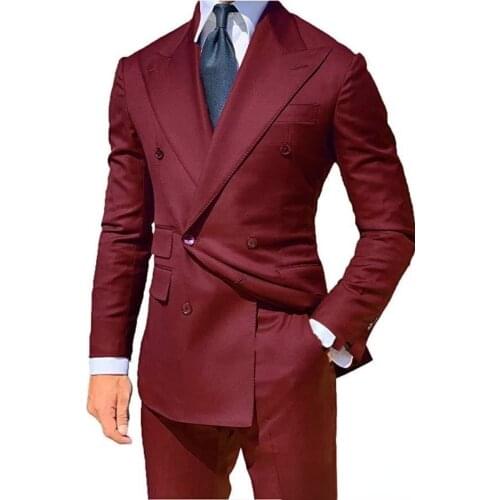 Men Suits Custom 2 Pcs Suits ( Jacket Pants ) Wedding Groom Wear Double Breasted Peaked Lapel Slim Fit Tuxedo Best Man Blazer