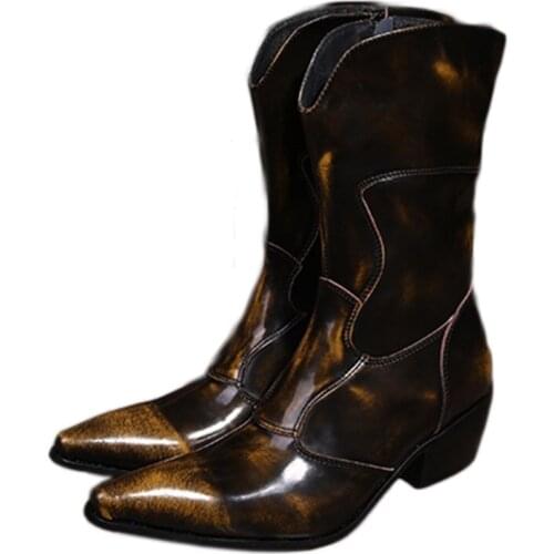 Western Cowboy Boots Men Medium-calf Genuine Leather Mens Boots 6.5cm Heels Botas Hombre Motorcycle Military Boots Male, EU38-46