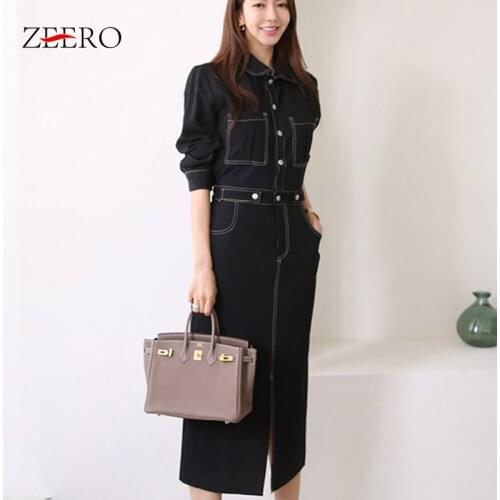 Single-breasted High Waist Slim WomenS Dress Long Sleeve Lapel Vintage Dress Autumn Winter Korean Office Overalls Midi Dress
