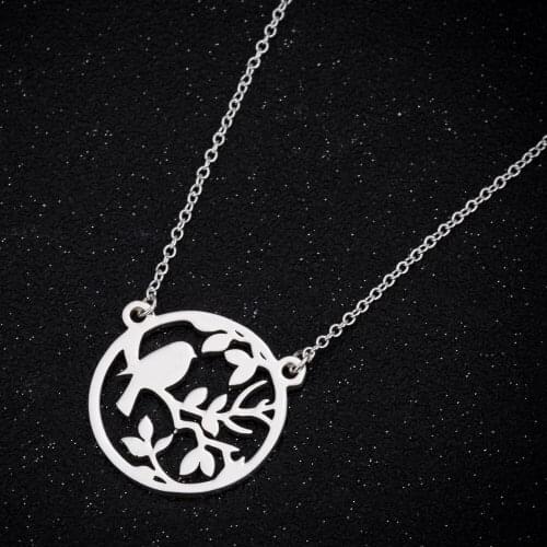 Simple Design Stainless Steel Branch Bird Pendant Necklace Round Circle Swallow Choker Lovely Animal Jewelry Wedding Party Gift