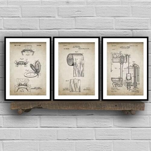Bathroom Patent Vintage Posters Prints ,Toilet Roll,Cistern,Lavatory Design,Loo Canvas Painting Blueprints Home Wall Art Decor