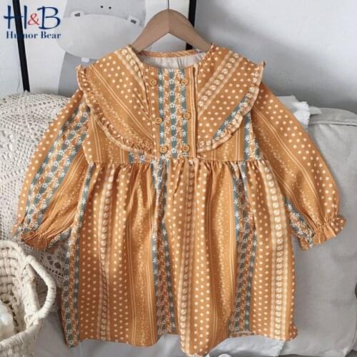 Humor Bear Girl Dress New Spring Autumn Long Sleeve Floarl Printed Ruffle Princess Dress Toddler Kids Clothes
