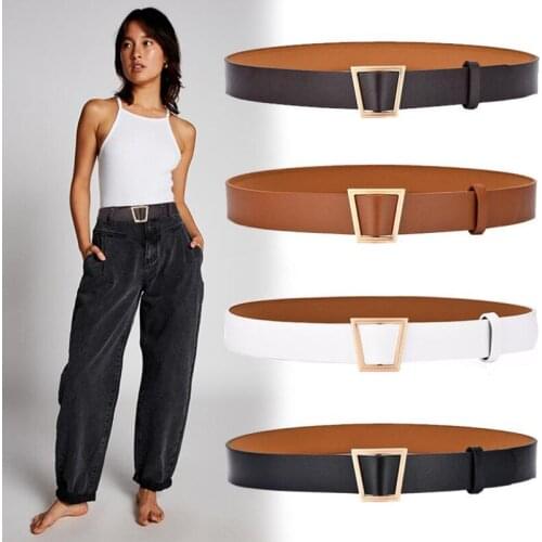 Fashion Design Women Belt New Trapezoid Metal Ring Buckle Wide Waist Belt Pu Belts for Dress Jeans Female Waistband Belts