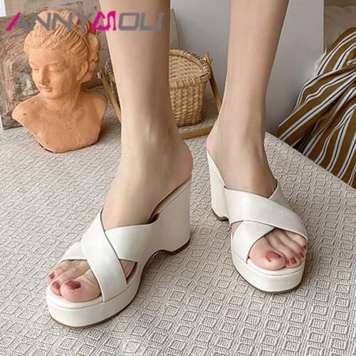 ANNYMOLI Slippers Shoes Women Genuine Leather Sandals Wedges Super High Heel Sandals Round Toe Ladies Footwear Summer Black 2021
