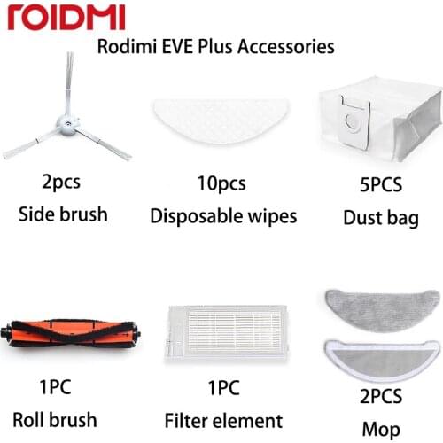 Mops Cloths Dust Bags Rolling Side Brush HEPA Filter Adaptor for Roidmi EVE Plus Robot Vacuum Cleaner Parts