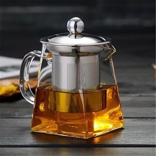 Heat Resistant Glass Teapot Creative Square Tea Pot Clear Kettle Heated Container With Stainless Steel Filter Baskets