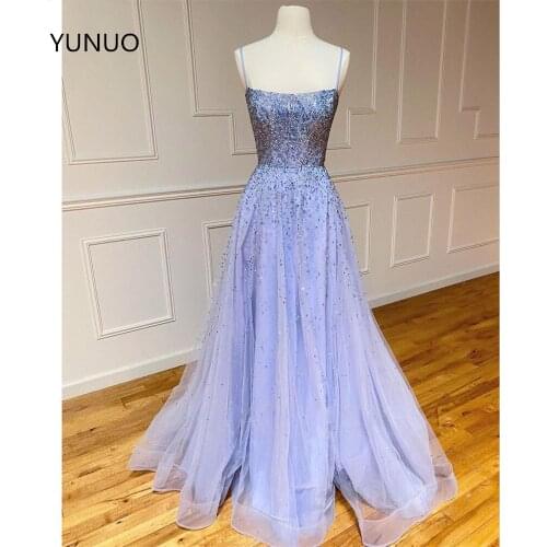 YUNUO Sparkly Crystals Evening Dresses Long vestidos de fiesta de noche Tulle Lace Up Backless Prom Dress with Sequined