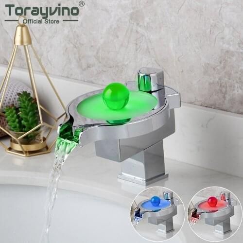 Torayvino LED Bathroom Faucet Waterfall Deck Mounted Basin Sink Chrome Brass Faucets Single Handle Hot And Cole Mixer Water Tap