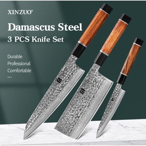 XINZUO 3PCS Set VG10 Janpanse Damascus Steel Pattern 10Cr15CoMoV Utility Cleaver Chef Knife Meat Vege Cutting Kitchen Tools