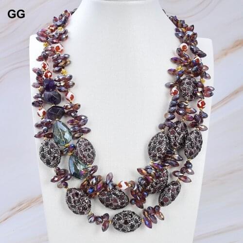 GuaiGuai Jewelry Natural Stone 21" 3 Strands Garnet Round Agate Nugget Amethyst Gems Stone CZ Paved Crystal Necklace