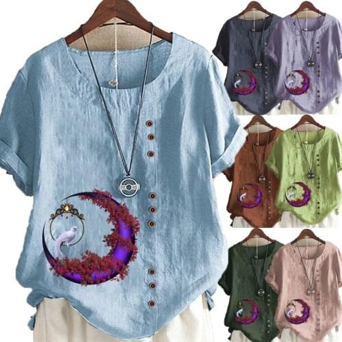 Womens Fashion Linen Shirt Printed T-shirt Summer Short Sleeve Tops O-neck Loose Blouse S-5XL
