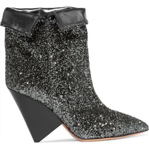 Sestito Women Winter New Shinning Glitter Slip-on Ankle Boots Lady Pointed Toe Elegant Short Boots Grils Spike Heels Dress Shoes