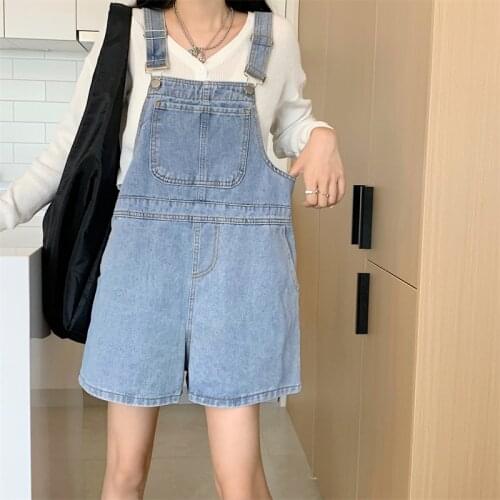 Women Fashion Korean Casual Pockets Camisole Solid High Waist Summer Short Loose Jumpsuit Denim Overalls Wide Leg Ladies Rompers