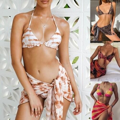 Women Sexy 3 Pieces Swimsuit Set Leopard Tie-Dye Print Triangle Brazilian Bikini with Short Sarong Cover Up Beach Skirt