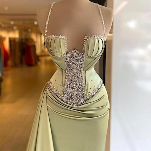 Elegant Spaghetti Sequins Evening Dress with Overskirt Pleat Sweep Train vestido de novia Party Gowns Women Formal Wear