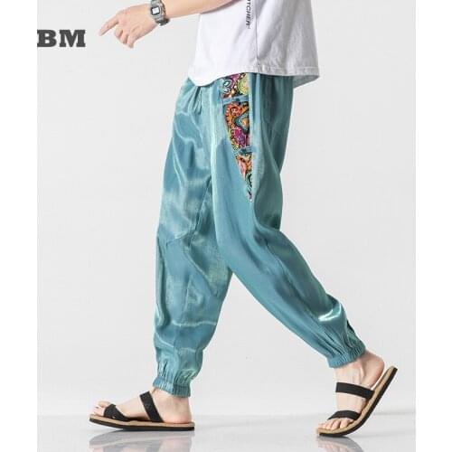 2021 Summer Japanese Ultra-Thin Ice Silk Harem Pants National Style Patchwork Joggers Chinese Style Plus Size Track Pants Men