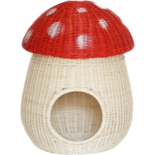 Handmade Rattan Mushroom Cat House Beds All Seasons With Cushions Cat Accessories Pet Products