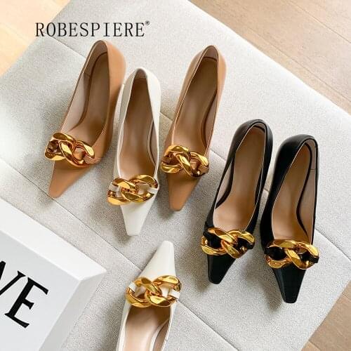 ROBESPIERE-2021Ins Blogger Recommends Hot Big Chain Pointed Toe Small Stiletto Womens Top Layer Leather High Heels-A209