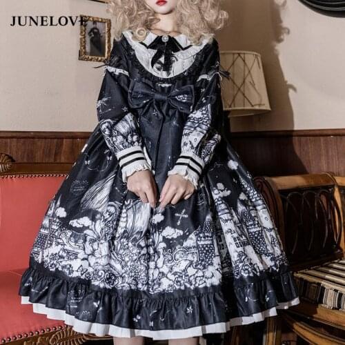 JuneLove Gothic Lolita Dark Color Loli Autumn Winter Daily Lolita High Waist Kawaii Girl Cos Long Sleeve Dress Women Vestidos