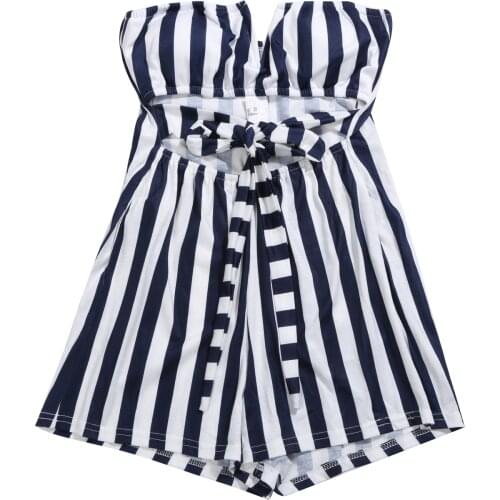 Summer Sexy Women Sleeveless Striped Jumpsuit Romper Fashion Clubwear Lace Up Rompers Sexy Strapless Padded Outfits Clothes