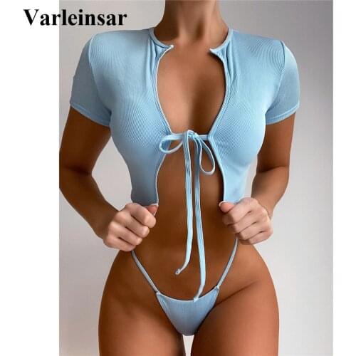 Sexy Ribbed Short Sleeve Micro Thong Bikini Women Swimwear Female Swimsuit Two-pieces Bikini set Bather Bathing Suit Swim V2997