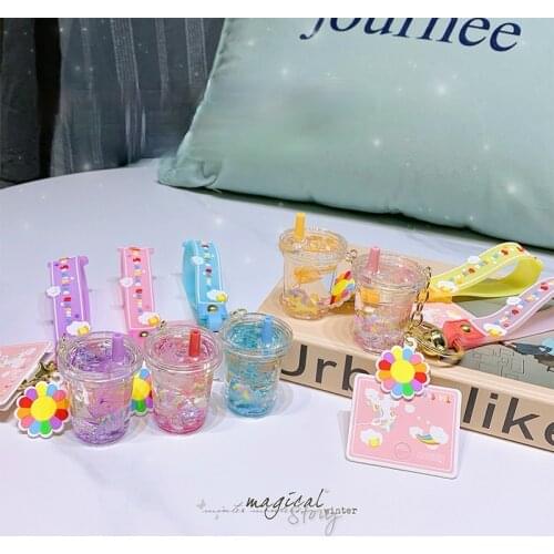 Creative Cartoon Unicorn Oiled Keychain Cute SmoothQuicksand Milk Tea Cup Keychain Ladies Fashion Backpack Mobile Phone Keychain