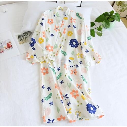 Summer 100% Cotton Thin Japanese Kimono Robes for Women Floral Printing Bathrobe Loose Casual Soft Absorb Sweat Sleep Tops 2021