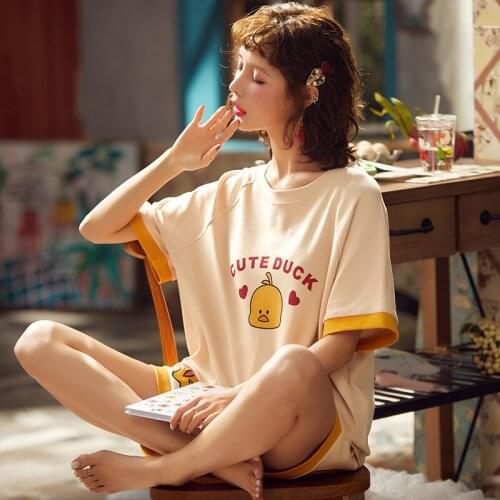 Summer Pajamas Thin Short-sleeved Cotton Suit Girl Cartoon Duck Sweet Sleepwear Set
