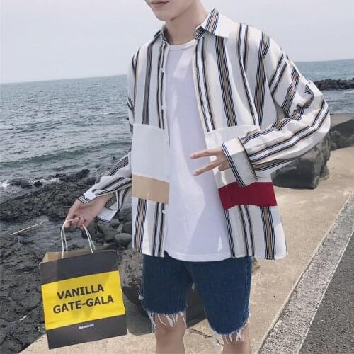 2020 Summer Mens Casual Cotton Clothes coats Loose Striped printing Shirts Homme Short Sleeves Khaki/blue color Shirts M-2XL