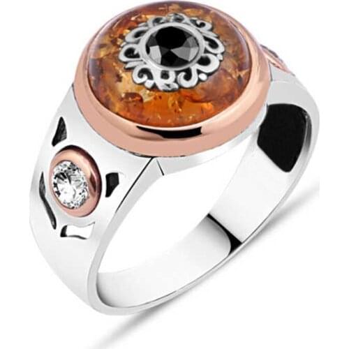 Synthetic Amber Over Single Stone Silver Men 'S Ring
