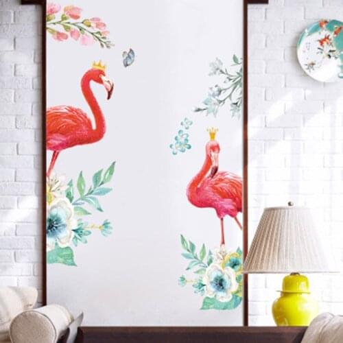 European Style Flamingos Flowers Wall Stickers Home Decor Door Cabinet Wardrobe Decoration Wall Mural Poster Art Hanging Decals