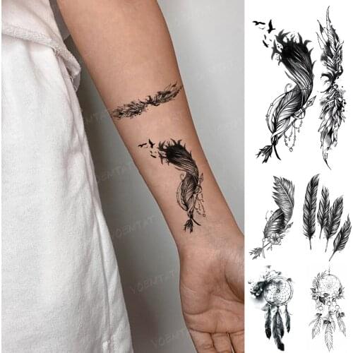 Feather Waterproof Temporary Tattoo Sticker Wings Wreath Black Bird Tatoo Arm Wrist Fake Tatto Man Woman Child Glitter Tato Art