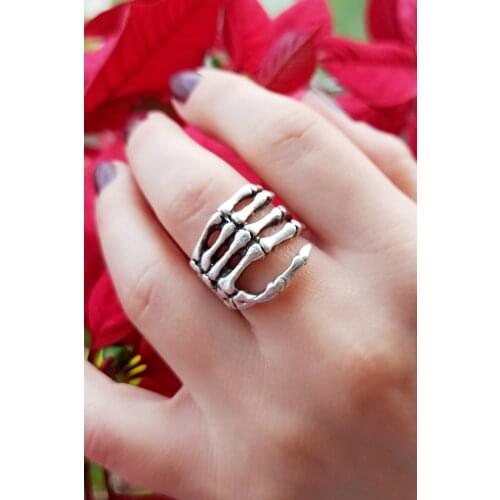 Antique Silver Plated Skeleton Hand Shaped Handmade Adjustable Ring