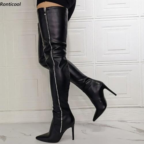 Ronticool Quality Women Winter Thigh High Boots Side Zipper Thin High Heels Pointed Toe All-Matches Black Shoes Us Size 6-15