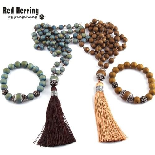 Fashion Handmake Paved Rosary Chain Natural Druzy Bead Tassel Fashion Necklaces Bracelet set For Women Ethnic Necklace