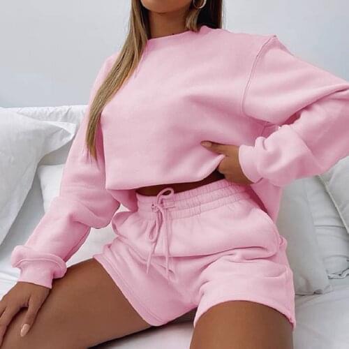 Women 2 Pieces Set Soild Color Long-sleeved Sweatershirt High Waist Slimming Biker Shorts Active Sport Tracksuit 2020