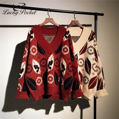 2020 Women Spring Autumn Fashion New Loose Vintage V-Neck Pullovers Ladies Korea red Print Casual Long Sleeve Sweater Top QL212