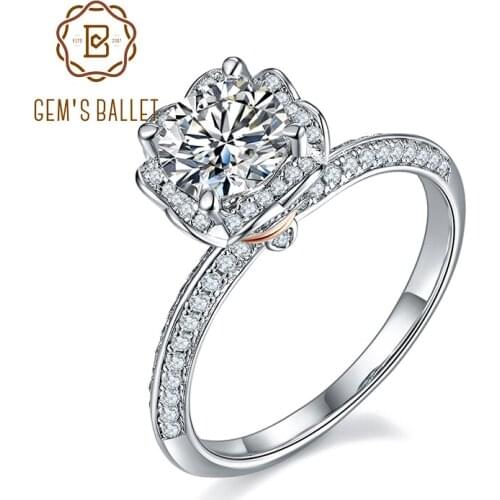 GEMS BALLET 925 Sterling Silver Moissanite Ring 1.0Ct Round Bypass Floral Halo Moissanite Engagement Rings For Women Wedding