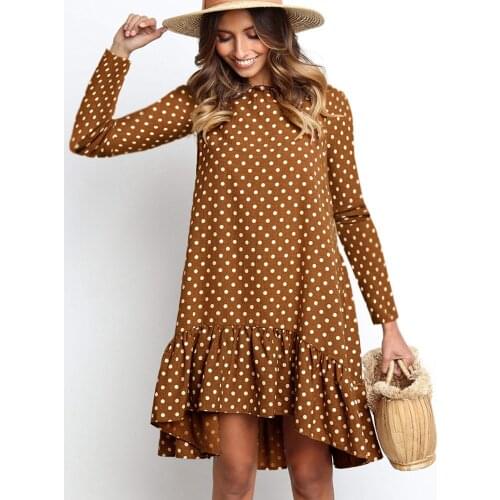 Woman Casual Long Sleeve Polka Dot Mini Dress Spring Autumn O-neck Folds Ruffle Print Dresses For Women 2021 Loose Robe Femme