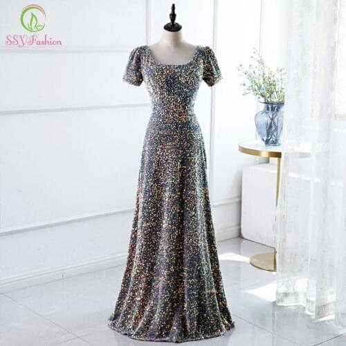 SSYFashion New Long Evening Dress Colorful Sequins U-neck Short Sleeve Floor-length Shining Prom Formal Gown Vestidos De Noche