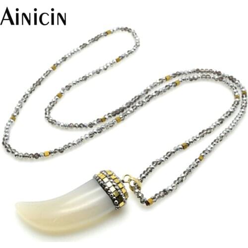 1pc Natural Stone Rhinestone Clay Paved Horn Shape Pendant With Faceted Glass 30'' Chain Necklace Fro Women Summer Jewelry