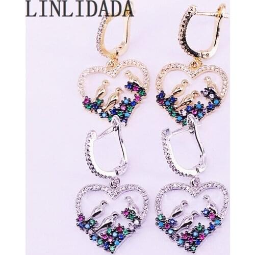 5Pairs Gold fashion jewelry Heart charm paved Cubic Zirconia CZ dangle earring for wedding jewelry