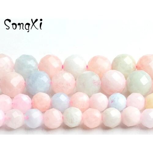 6/8mm 7.5'' Natural Faceted Morganite Stone Beads For Jewelry Making DIY Bracelet Necklace Round Loose Colorful Stone Beads