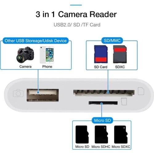 For iPhone iPad 3 in 1 Adapter USB2.0/SD/TF Card Plug and Play Multifunction Camera Kit OTG Card Reader 3 in 1 TF USB Adapter SD